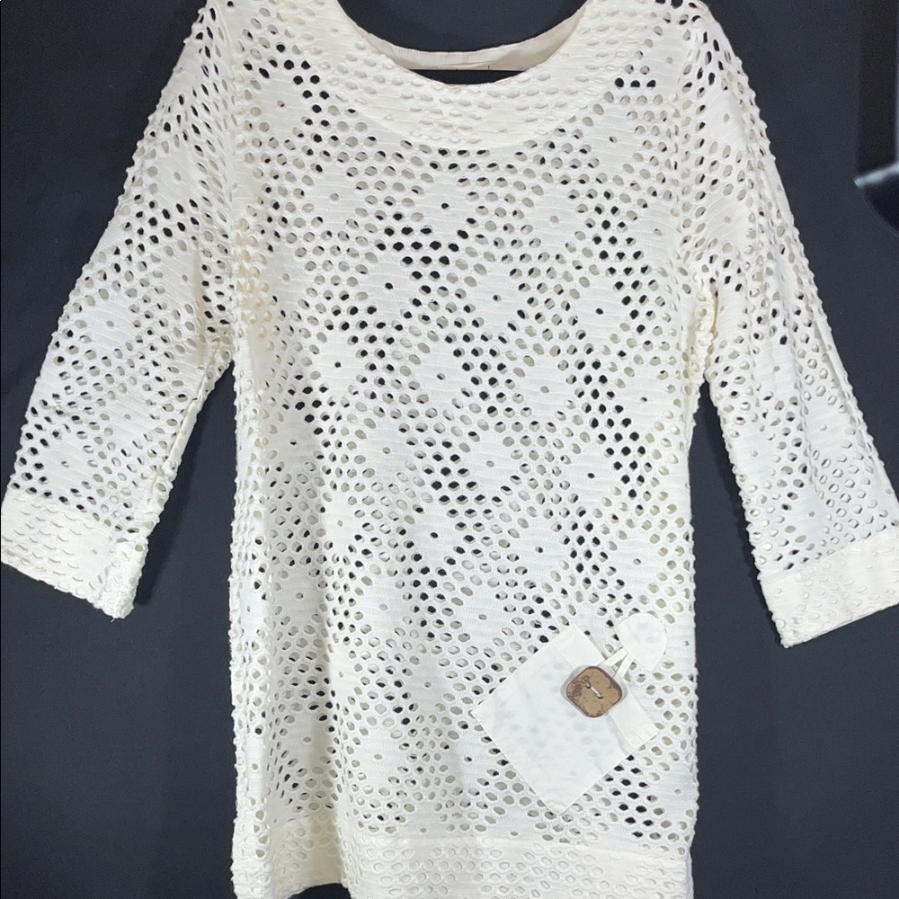 NWOT Indigo Blue Cream Crochet Top / Coverup / Dress 3/4 Sleeves Pocket L